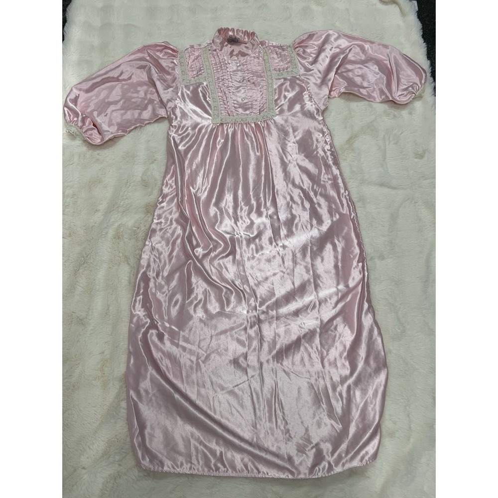 Vtg Nightgown Large Satiny Pink Long Sleeve Maxi Lace Trimmed Cottagecore Mumu